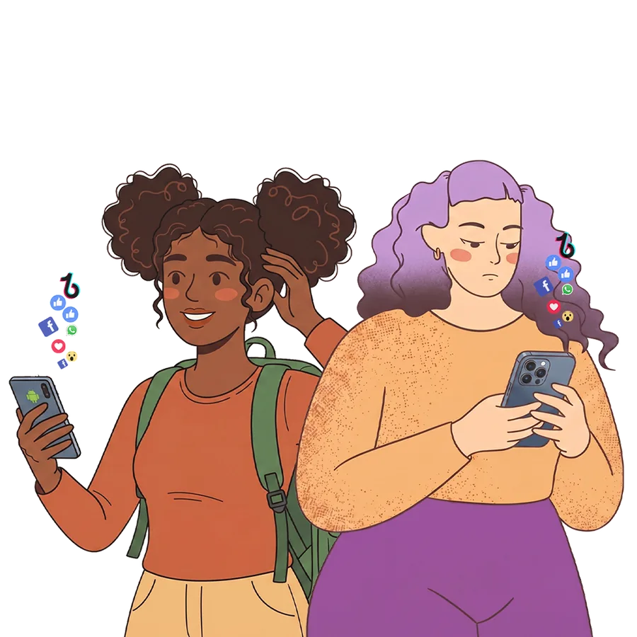 Deux jeunes femmes consultant leur téléphone, entourées d'icônes de réseaux sociaux — illustration Digital Safe Space